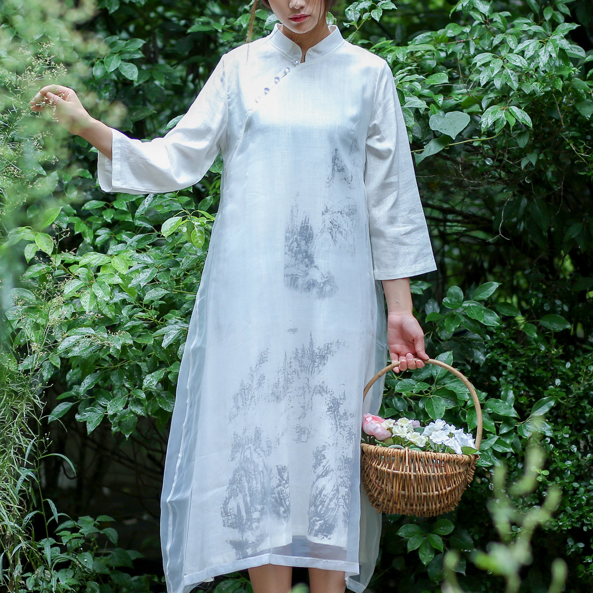 墨下出品 民族风棉麻连衣裙文艺长袍子真丝茶
