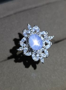 天然星光蓝宝石戒指奶蓝色重量1.42克拉5.6*7mm天然颜色稀少名贵