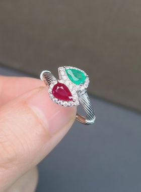 天然 红宝石 + 祖母绿 双石戒指 水滴形状 ​4*6mm 新款上架