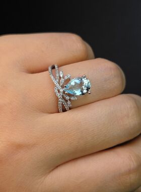 天然海蓝宝戒指baby款重1.64克拉三月份生辰石凸显宝石显大925银