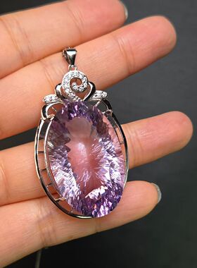天然紫水晶大吊坠重量63克拉千禧切割尺寸21*33.8mm全净体925银