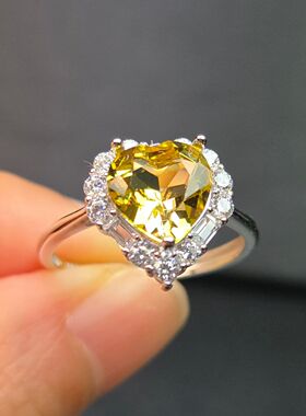 天然黄色海蓝宝戒指心形黄色绿柱石重1.43克拉8.2mm全净体金丝雀