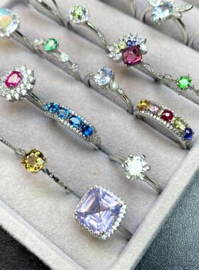 各种天然彩色宝石戒指集合全家福蓝宝石红宝石海蓝宝祖母绿欧泊等