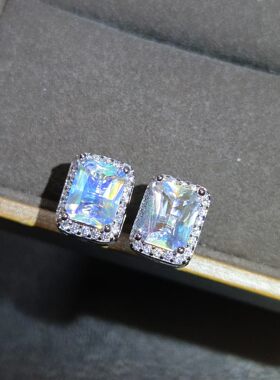 天然彩虹月光石戒指彩虹月光石耳钉阿斯切切割工艺长方形搭配套装