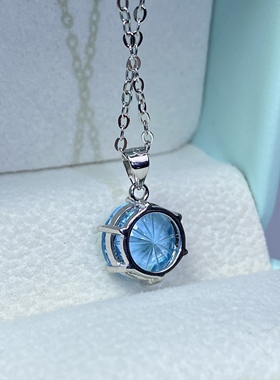 烟花切工天空蓝托帕石吊坠宝石尺寸10*10mm 重约4克拉925银镀白金