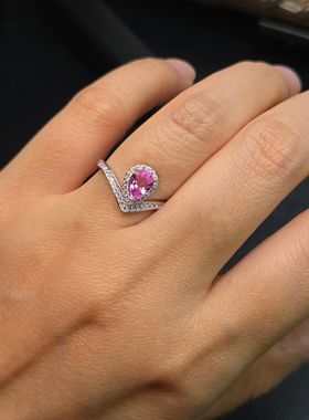 天然帕帕拉恰蓝宝石戒指v字款尺寸5*7mm莲花蓝宝石仿佛粉钻925银