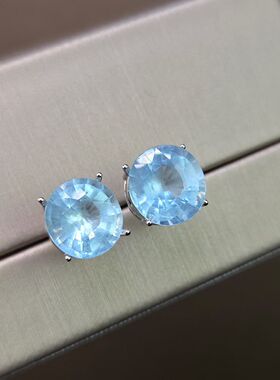 天然海蓝宝耳钉重量5.9克拉直径9-10mm日常百搭款925银三月生辰石