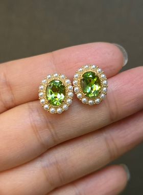 天然橄榄石耳钉橄榄石吊坠复古珍珠款仅此一套925银镶吊坠3克拉