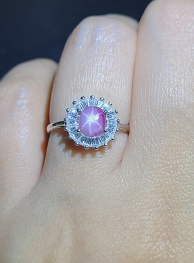 天然粉色星光蓝宝石戒指 重1.21克拉 六射星线好 名贵稀有宝石