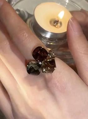 美拉德立体方块水晶几何戒指气质