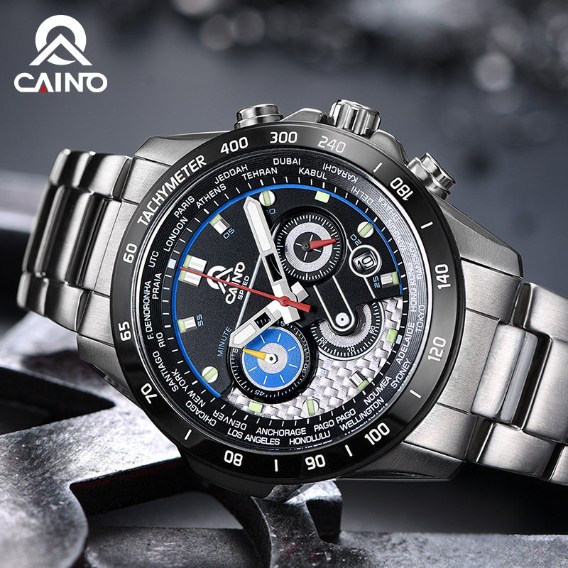 卡伊诺户外盘钢带防水多功能石英表 caino坤利达国产腕表
