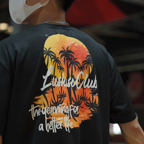 LUSHISI[落日黄昏]速干篮球短袖美式投篮服手绘印花椰树氛围感t恤