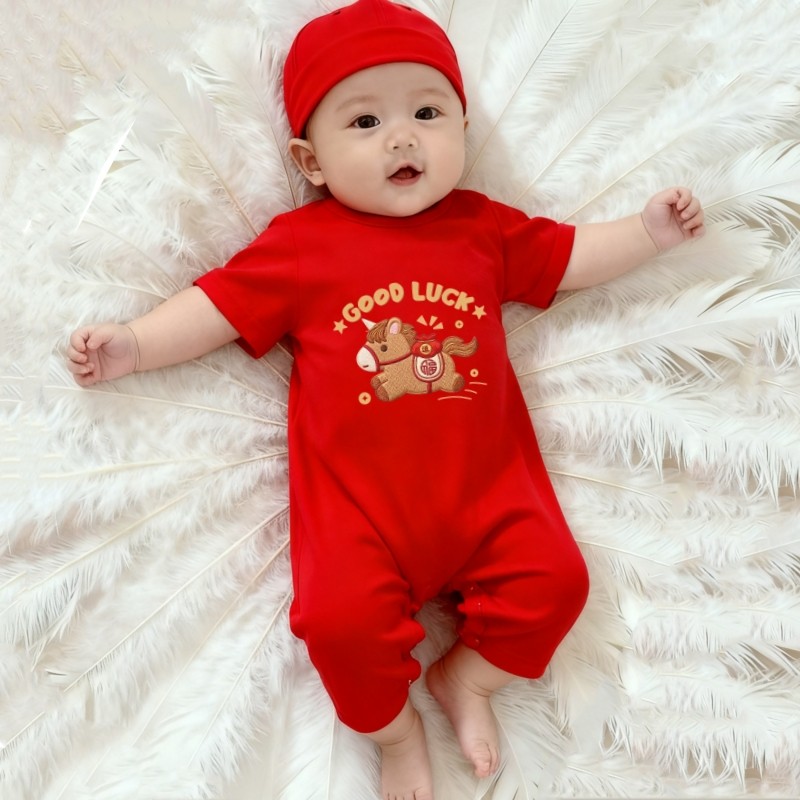 新生婴儿新年衣服满月服短袖夏季薄款宝宝红色百天过年拜年服哈衣,淘宝优惠券,粉丝福利购,淘宝优惠卷