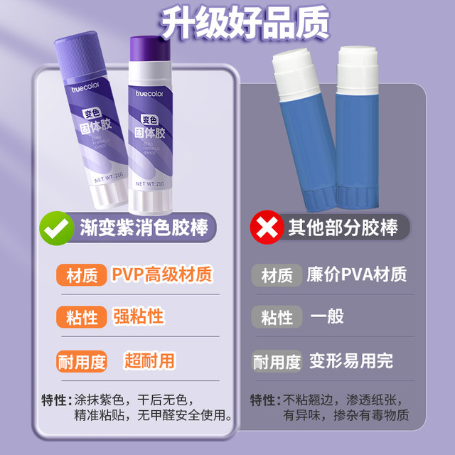 True color color-changing solid glue glue stick for children's handmade diy glue for kindergarten primary school students with high viscosity for hand accounting, eyebrow covering glue stick eyebrow cos makeup washable financial office supplies
