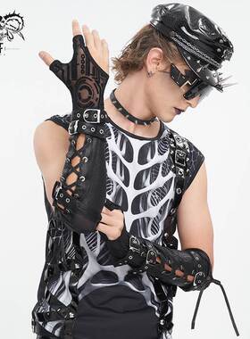 Devil Fashion恶魔时尚男装哥特朋克暗黑交叉系带黑色手套GE034