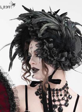 Devil Fashion恶魔时尚女装哥特哥特长羽毛花朵草编半帽EAS022