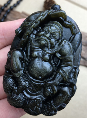 天师钟馗黑金曜石天师吊坠女男款关公二爷武财神项链平安坠子