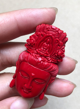 原色天然朱砂观音头吊坠