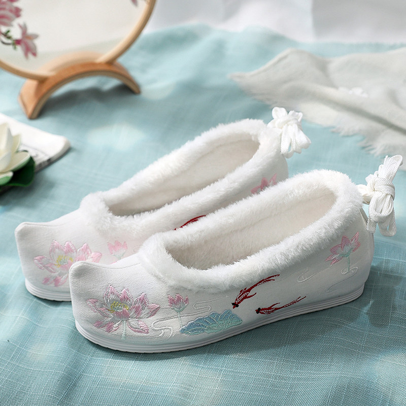 秋冬季古风汉服鞋复古毛口加绒低帮鞋女搭配宫廷汉服绑带增高单鞋,淘宝优惠券,粉丝福利购,淘宝优惠卷