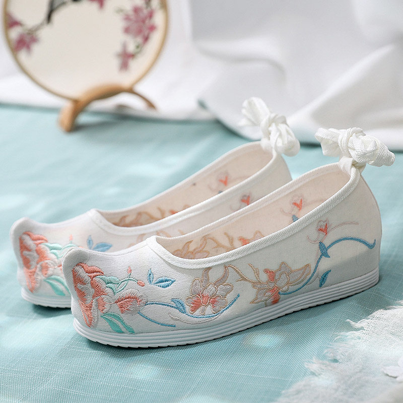 复古风汉服绣花鞋弓鞋淡雅唐制汉服古装鞋子防滑增高公主白鞋百搭,淘宝优惠券,粉丝福利购,淘宝优惠卷