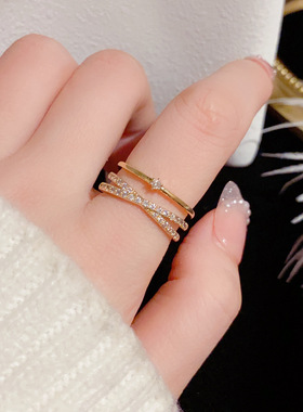 韩版ins高级感锆石双层戒指设计轻奢冷淡风开口食指时尚个性指环