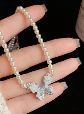 小众气质时尚温柔蓝水晶蝴蝶珍珠项链女小清新甜美百搭锁骨链批发