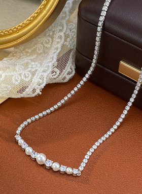 小众精致时尚满钻一字珍珠项链个性轻奢百搭高级感超闪锁骨链批发