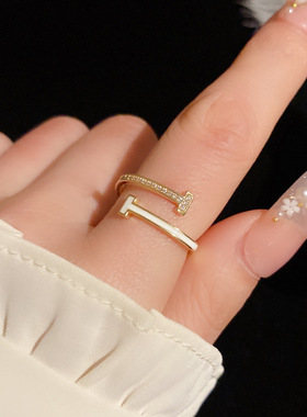双T滴油开口戒指女镶钻轻奢冷淡风小众设计ins潮时尚百搭配饰代发