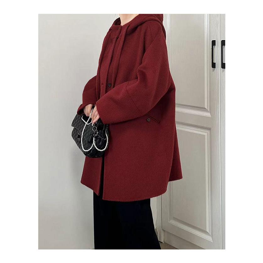 重磅保暖连帽双面羊绒大衣女中长款单排扣大口袋宽松冬羊毛呢外套 - 图0