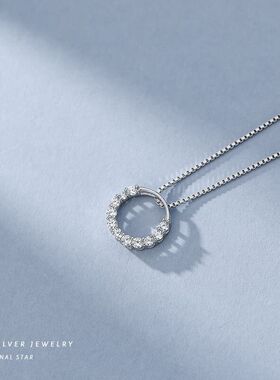 S925纯银圆圈项链女韩版小清新镶钻锁骨链简约气质小众轻奢感套链