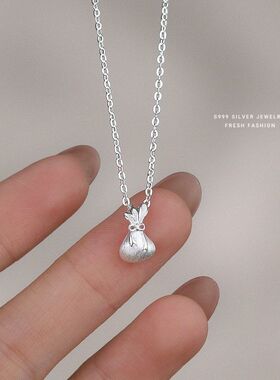 s999纯银转运小幅袋项链女国风拉丝轻奢设计感足银精致韩版锁骨链