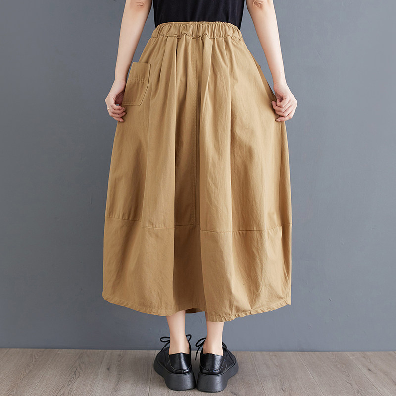 2024年夏季新款高腰半身裙文艺复古工装裙纯色拼接款A字型中长裙,淘宝优惠券,粉丝福利购,淘宝优惠卷