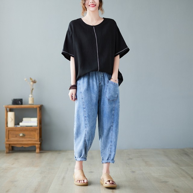 Large size cotton linen short-sleeved T-shirt ladies temperament base shirt