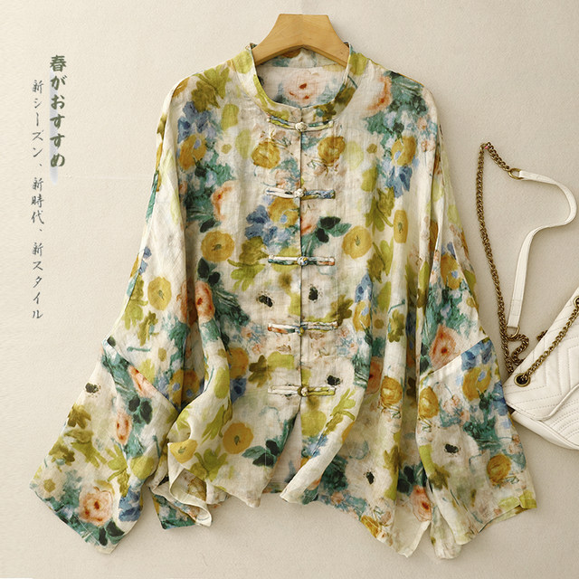 Cotton and linen floral long-sleeved shirt women's cardigan spring and autumn loose large size casual Chinese plate button stand collar top