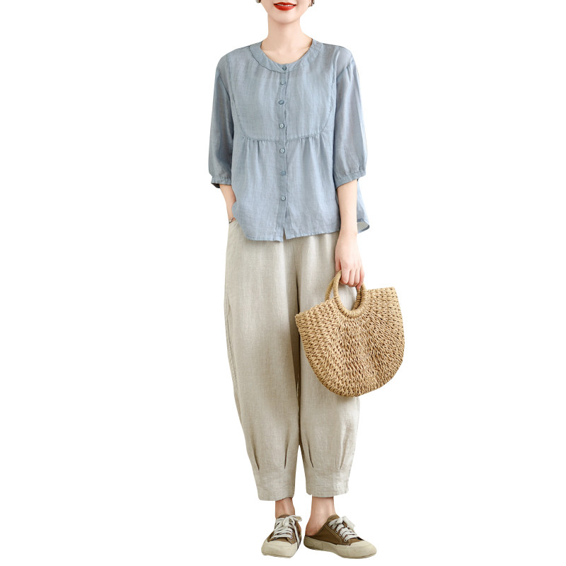休闲棉麻套装2024年夏季新款时尚九分哈伦裤宽松遮肉显瘦两件套 - 图3