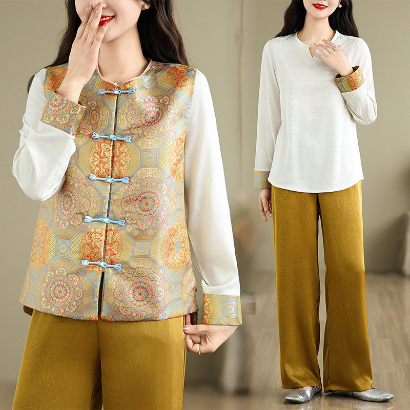 初春穿搭一整套新中式国风衬衫叠穿马甲阔腿裤日常宋锦三件套装女,淘宝优惠券,粉丝福利购,淘宝优惠卷