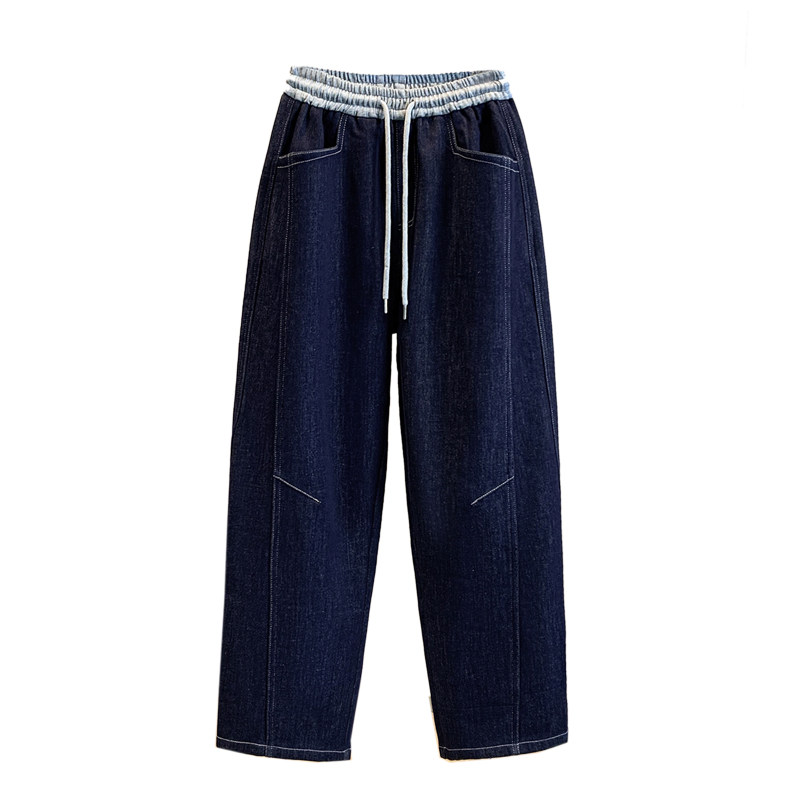 韩系拼色松紧腰加绒直筒牛仔裤女冬季抽绳长裤大码胖mm窄版阔腿裤,淘宝优惠券,粉丝福利购,淘宝优惠卷