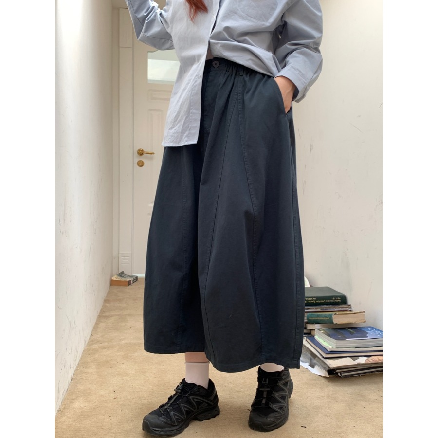 日系花苞工装裙女2024秋季新款高腰显瘦立体剪裁藏青色半身裙 - 图0