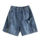 ໂສ້ງຂາສັ້ນຂາກວ້າງ denim ripped embroidered ວັນນະຄະດີ retro ສໍາລັບແມ່ຍິງ