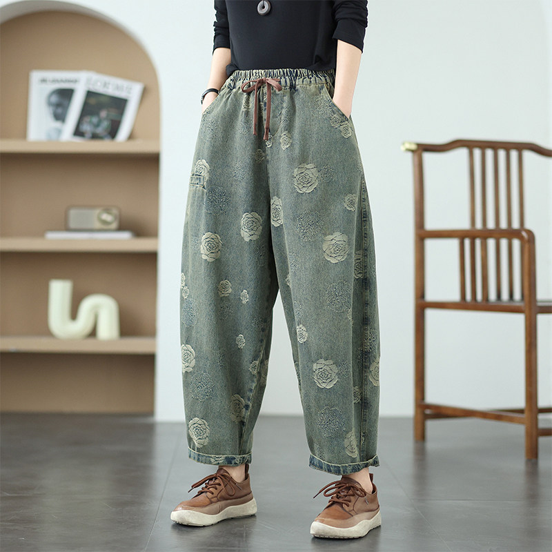 复古洋气提花哈伦牛仔裤女春装胖mm大码显瘦萝卜裤高腰复古老爹裤,淘宝优惠券,粉丝福利购,淘宝优惠卷