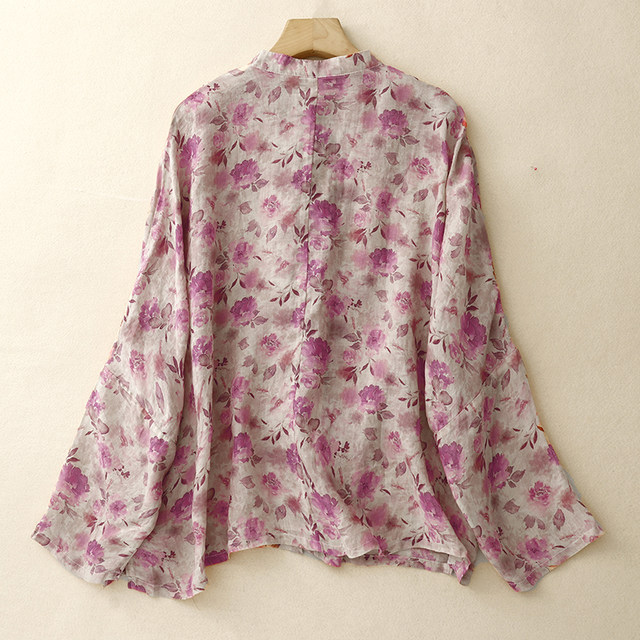 Cotton and linen floral long-sleeved shirt women's cardigan spring and autumn loose large size casual Chinese plate button stand collar top