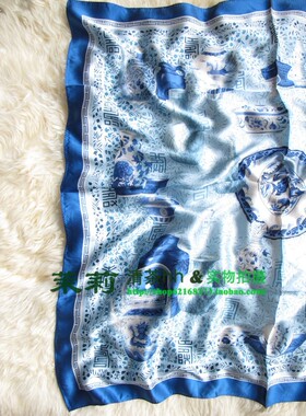 真丝桑蚕丝典雅青花瓷中式大方巾