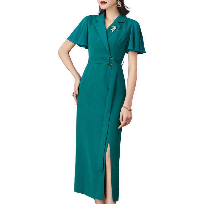 纳绎绿色连衣裙2025年夏季新款气质洋气时尚简约荷叶袖开叉直筒裙 - 图3