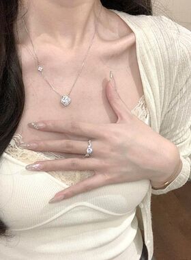 S999纯银闪钻幸运四叶草项链女轻奢小众甜美高级感满钻锆石锁骨链