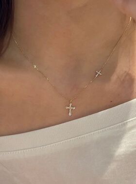 S925纯银满钻双十字架项链女精致轻奢镶锆石高级感百搭锁骨链批发