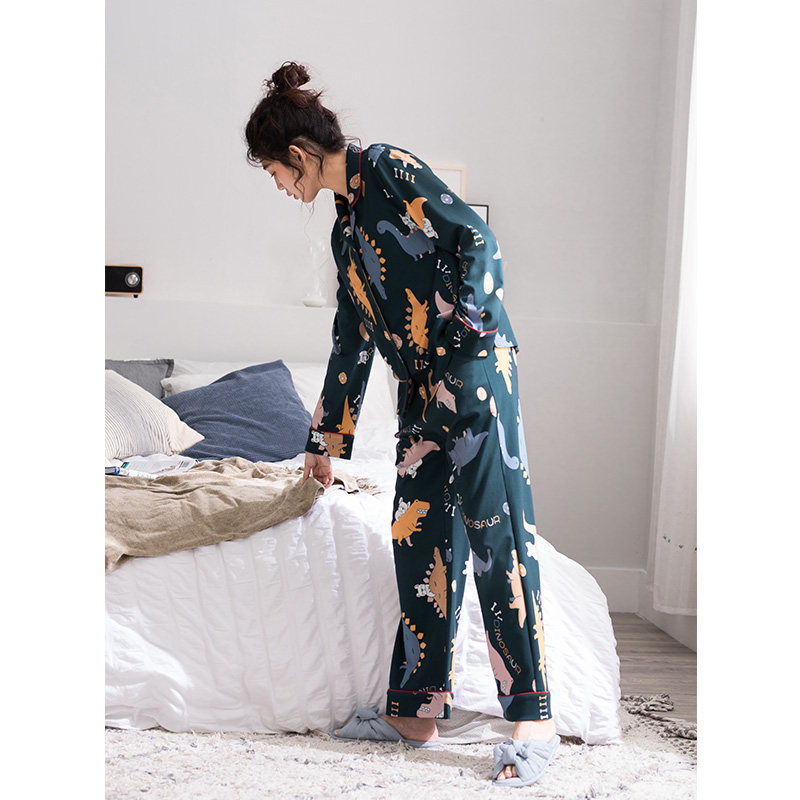 情侣春秋长袖纯棉墨绿恐龙网红睡衣 kerener可人儿睡衣/家居服套装