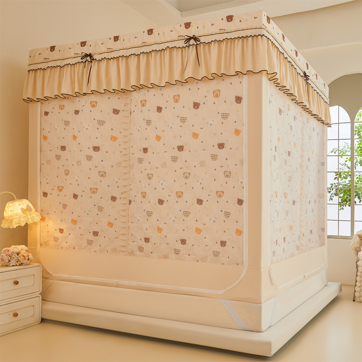 防摔保暖蚊帐冬季夹棉双层帐篷女人月子床上卧室挡风遮光免安装架,淘宝优惠券,粉丝福利购,淘宝优惠卷