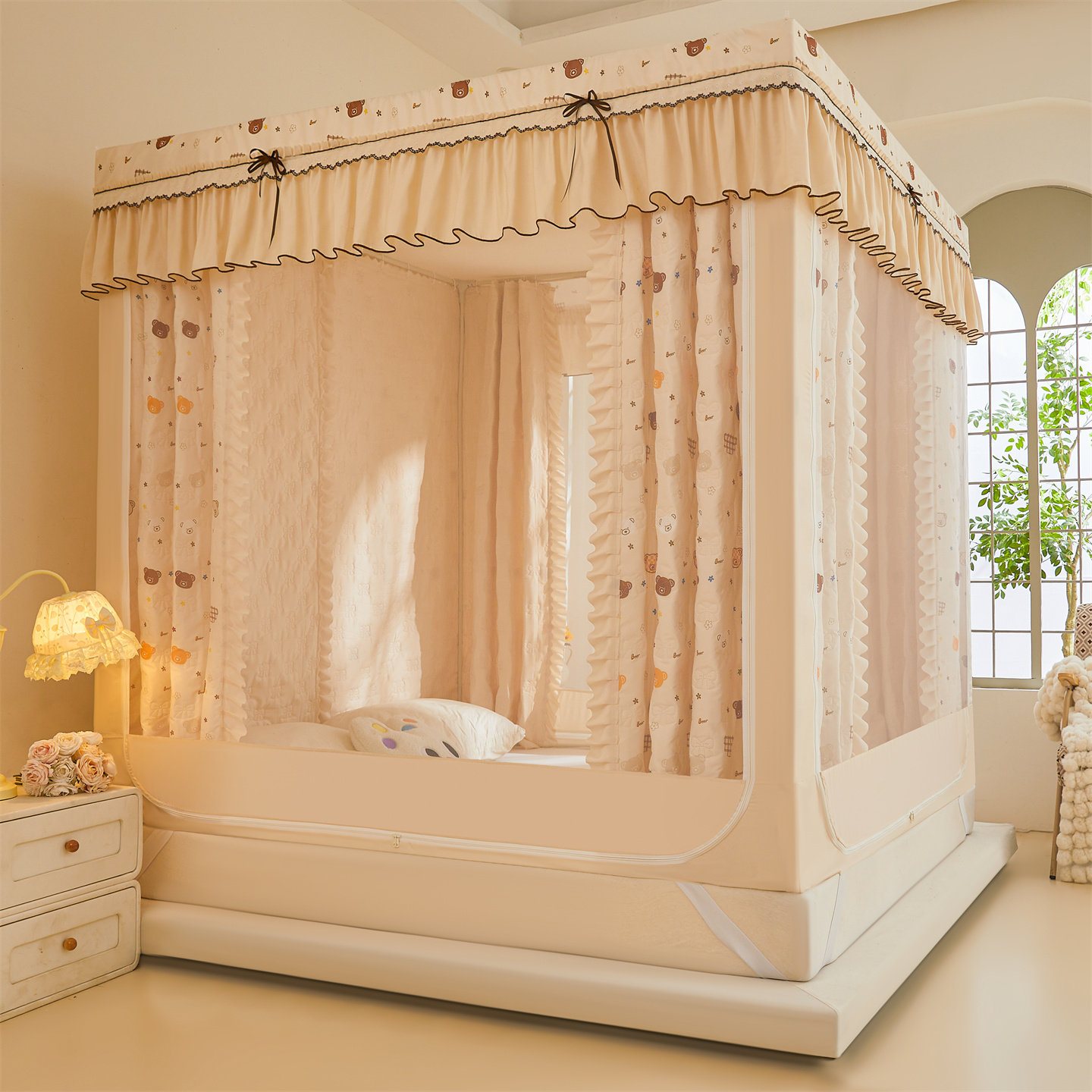 防摔保暖蚊帐冬季夹棉双层帐篷女人月子床上卧室挡风遮光免安装架,淘宝优惠券,粉丝福利购,淘宝优惠卷