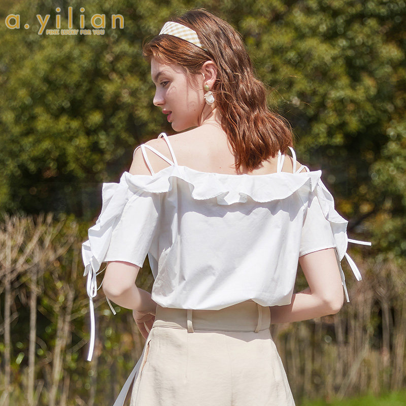 阿依莲2020夏季线下同款一字肩衬衣 ayilian衬衫