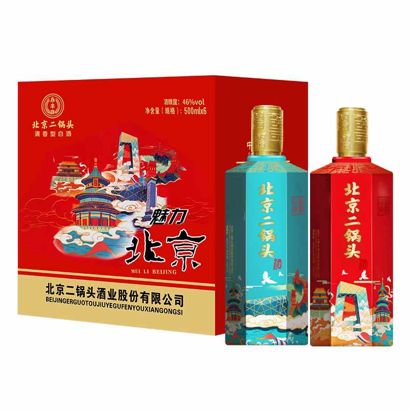 永丰牌北京二锅头粮食酒白酒整箱46度魅力北京500ml*6瓶装
